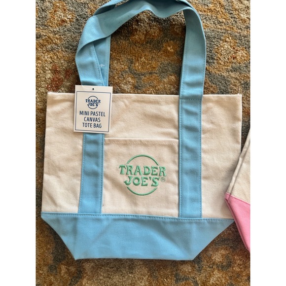NWT Trader Joe's Mini Pastel Canvas Tote Bag Set Limited Edition 2 Pack - Picture 2 of 3